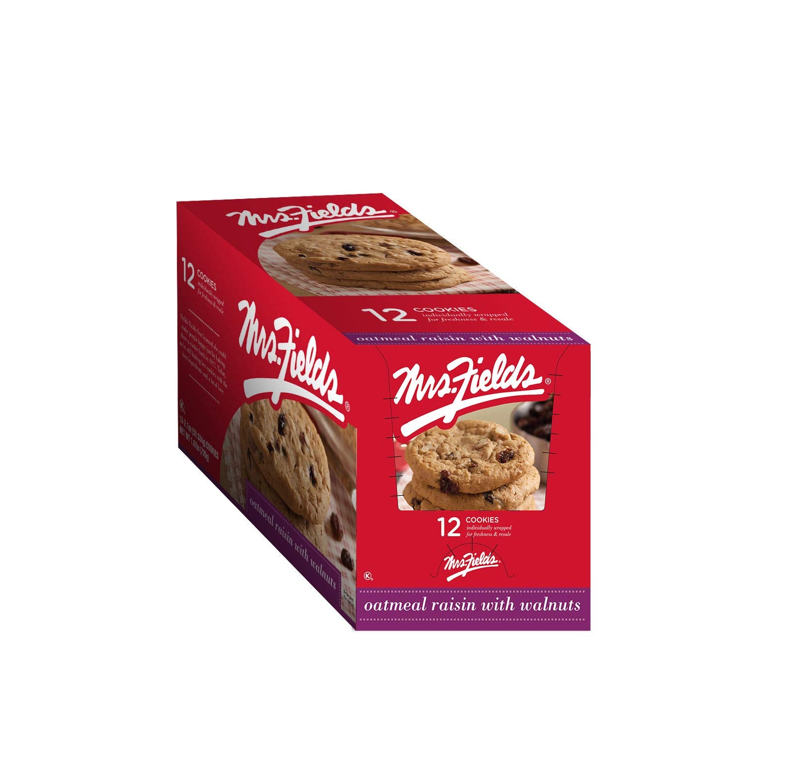 Mrs. Fields front packaging showing 12 individually wrapped cookies and brand logo for convenience