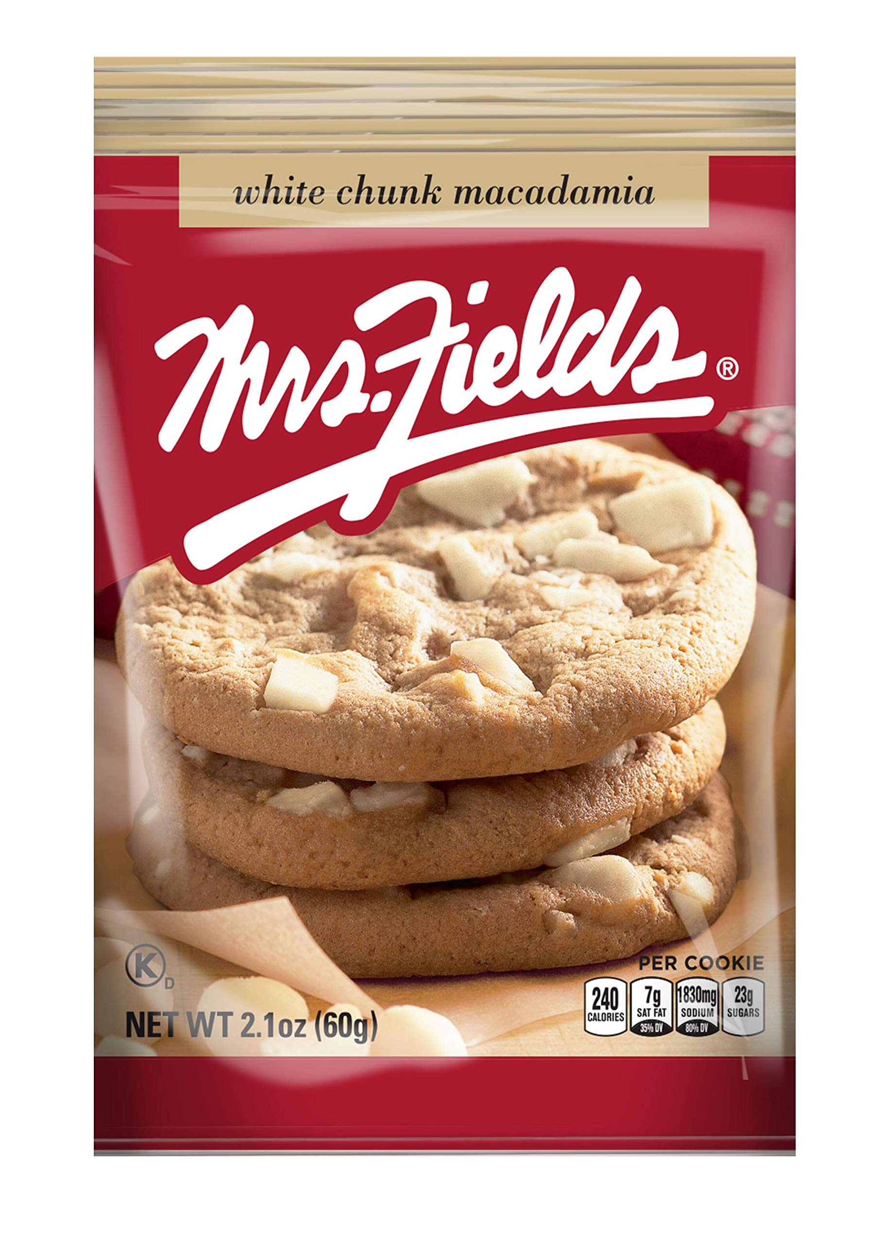 Mrs. Fields close-up of cookie texture highlights white chocolate chunks and macadamia crunch
