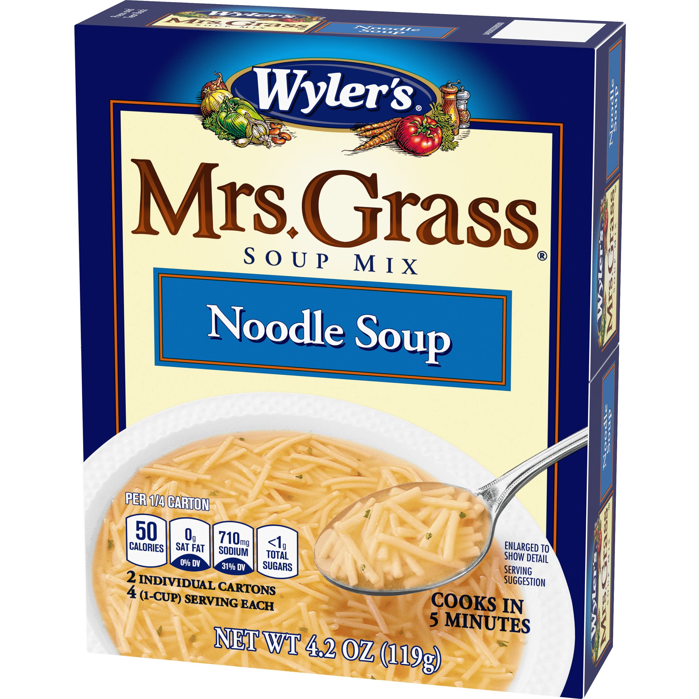 Mrs. Grass packet torn open showing dry noodles and seasoning, ready-to-cook benefit