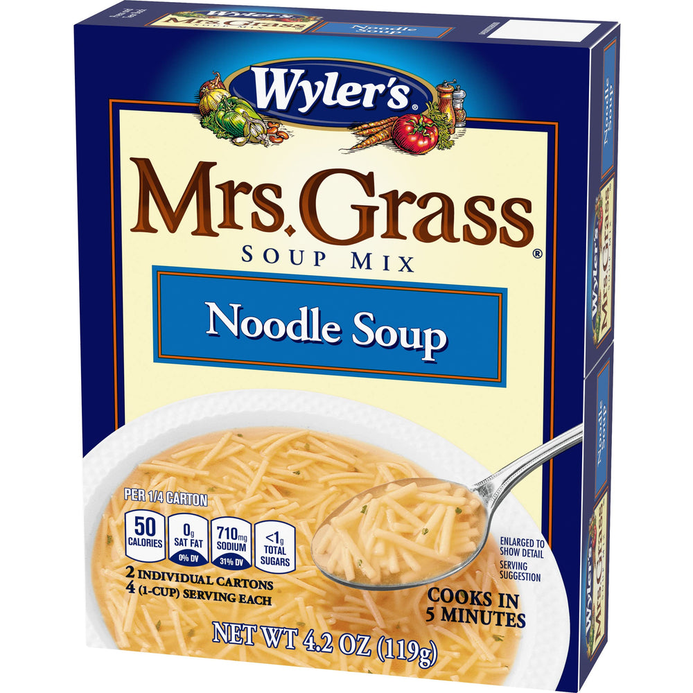 Mrs. Grass packet torn open showing dry noodles and seasoning, ready-to-cook benefit
