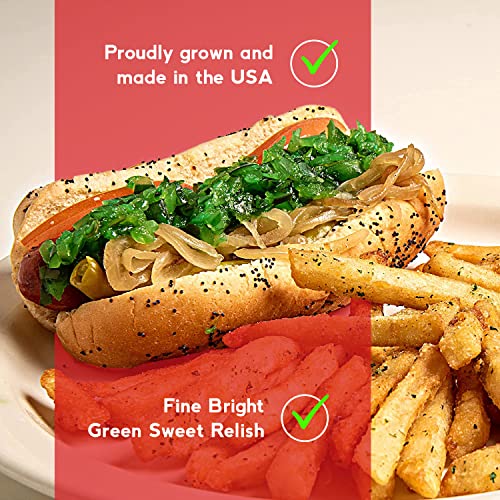 MRS. KLEIN'S relish close-up showing extra-green texture and cling to bun