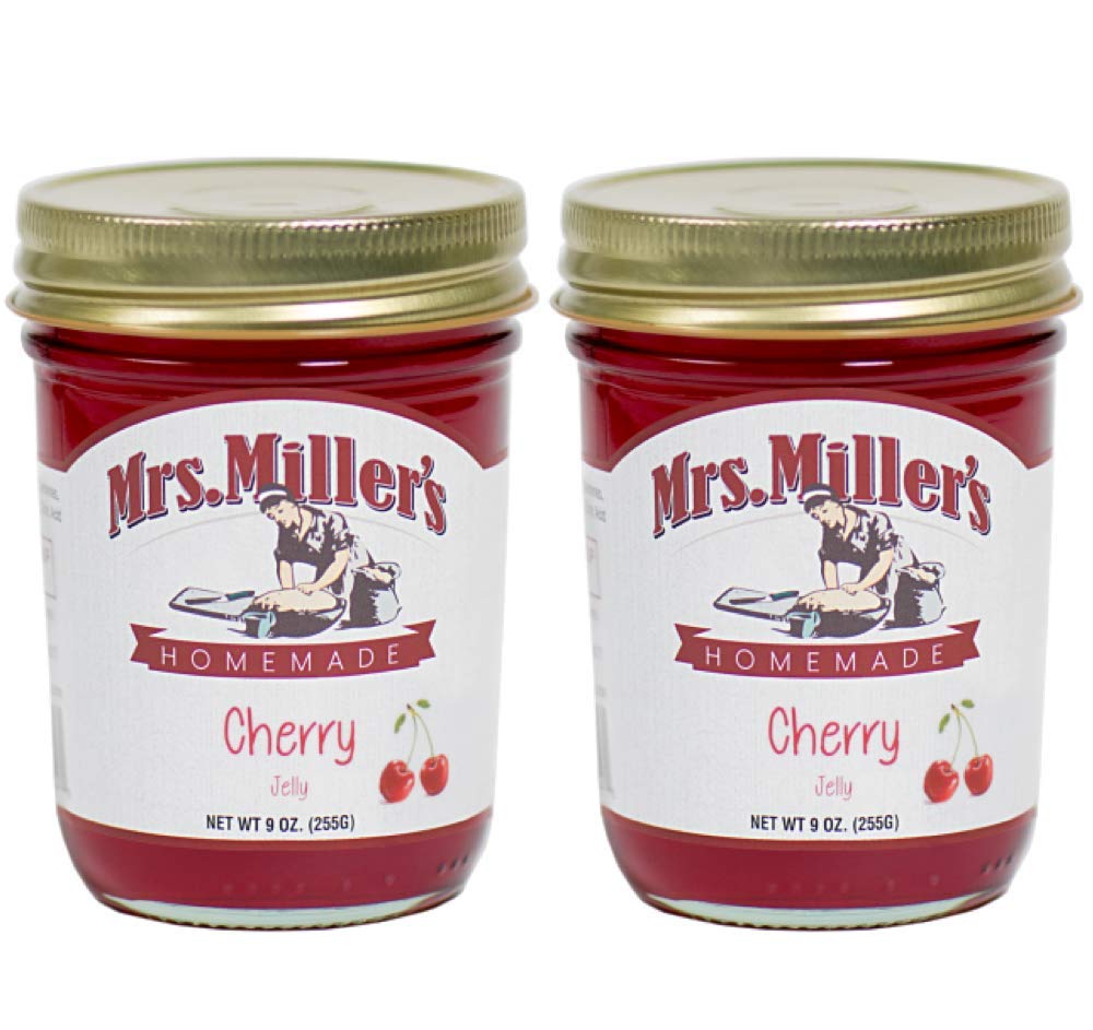 Mrs. Miller's front-packaging showing two cherry jelly jars for pantry appeal