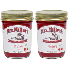 Mrs. Miller's front-packaging showing two cherry jelly jars for pantry appeal