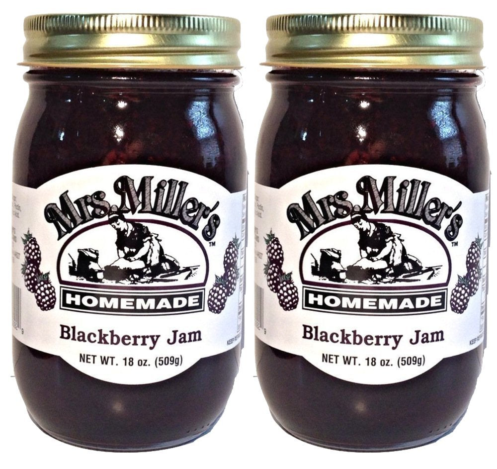 Mrs. Miller's front jar label showing brand and blackberry jam, evokes homemade quality