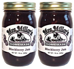 Mrs. Miller's front jar label showing brand and blackberry jam, evokes homemade quality