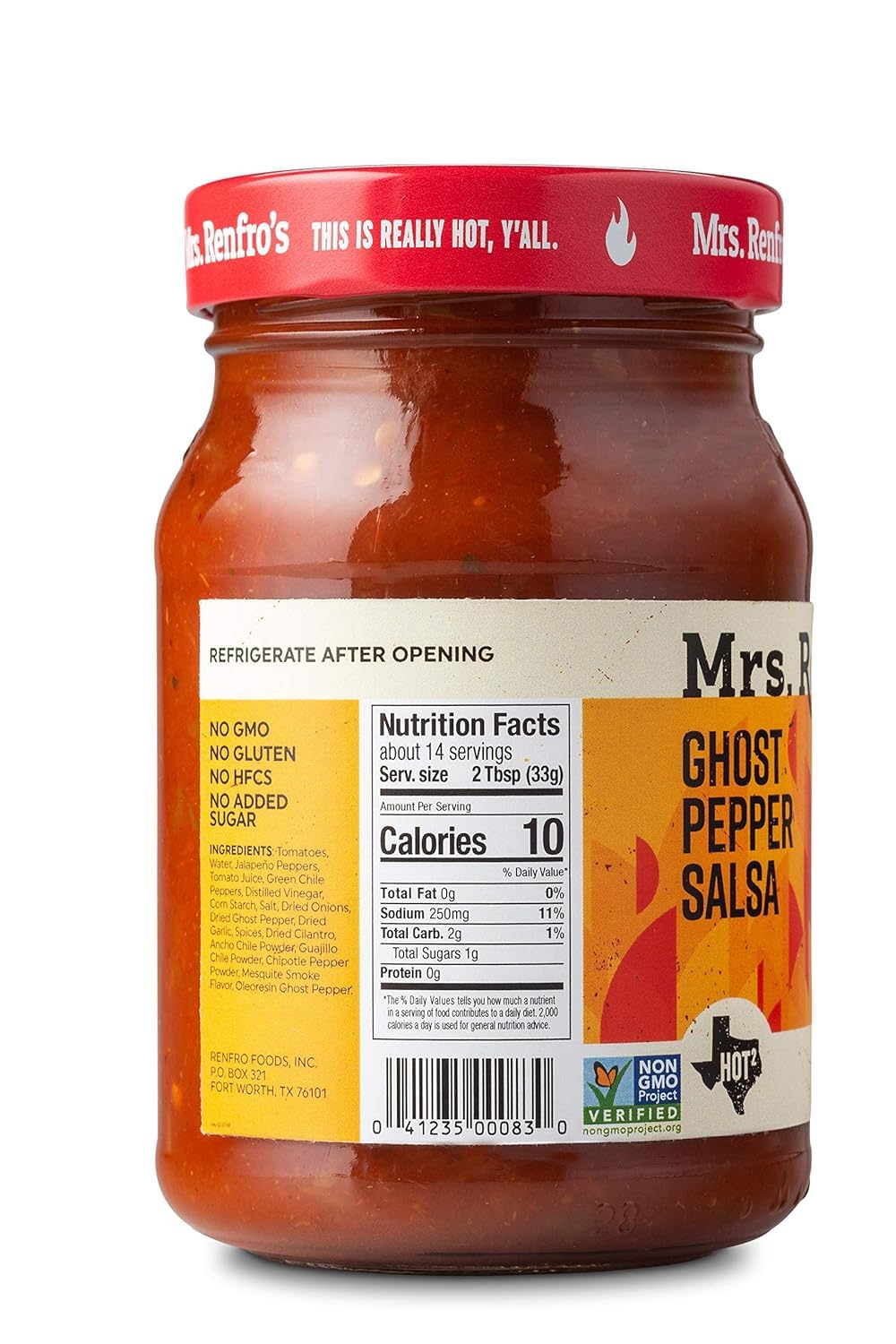 Mrs. Renfro's salsa close-up texture showing peppers and tomatoes for vivid taste