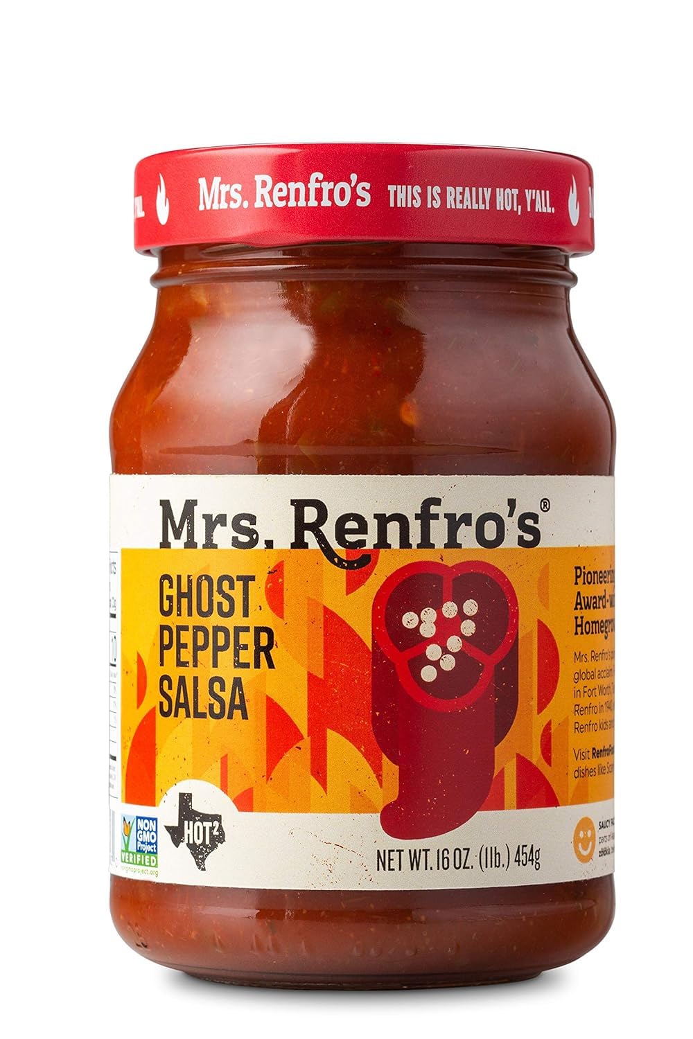 Mrs. Renfro's jar front label showing ghost pepper salsa for bold flavor