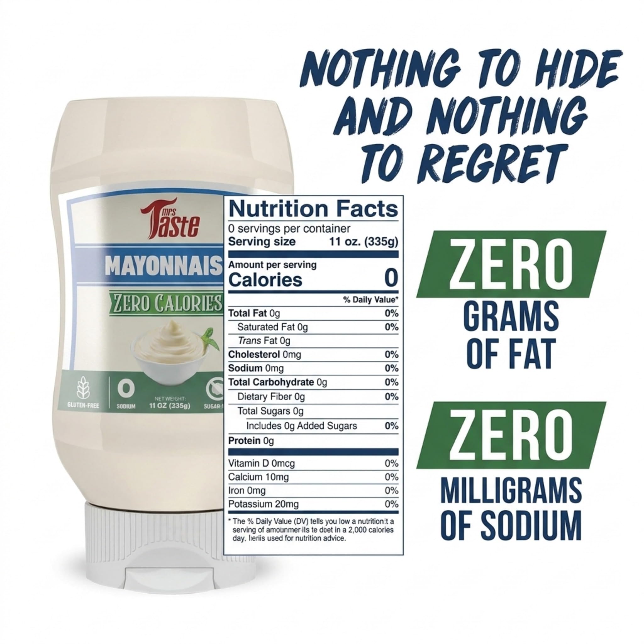 Mrs Taste nutrition label close-up showing zero sugar and sodium