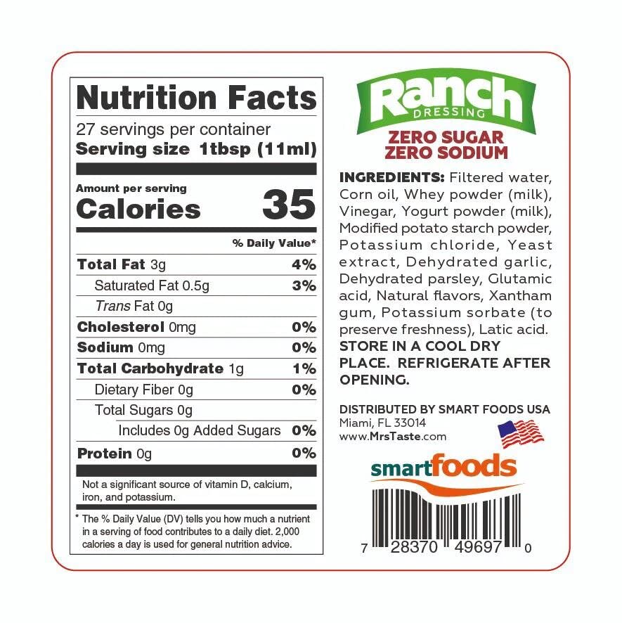 Mrs Taste label close-up highlighting sugar-free, sodium-free claims