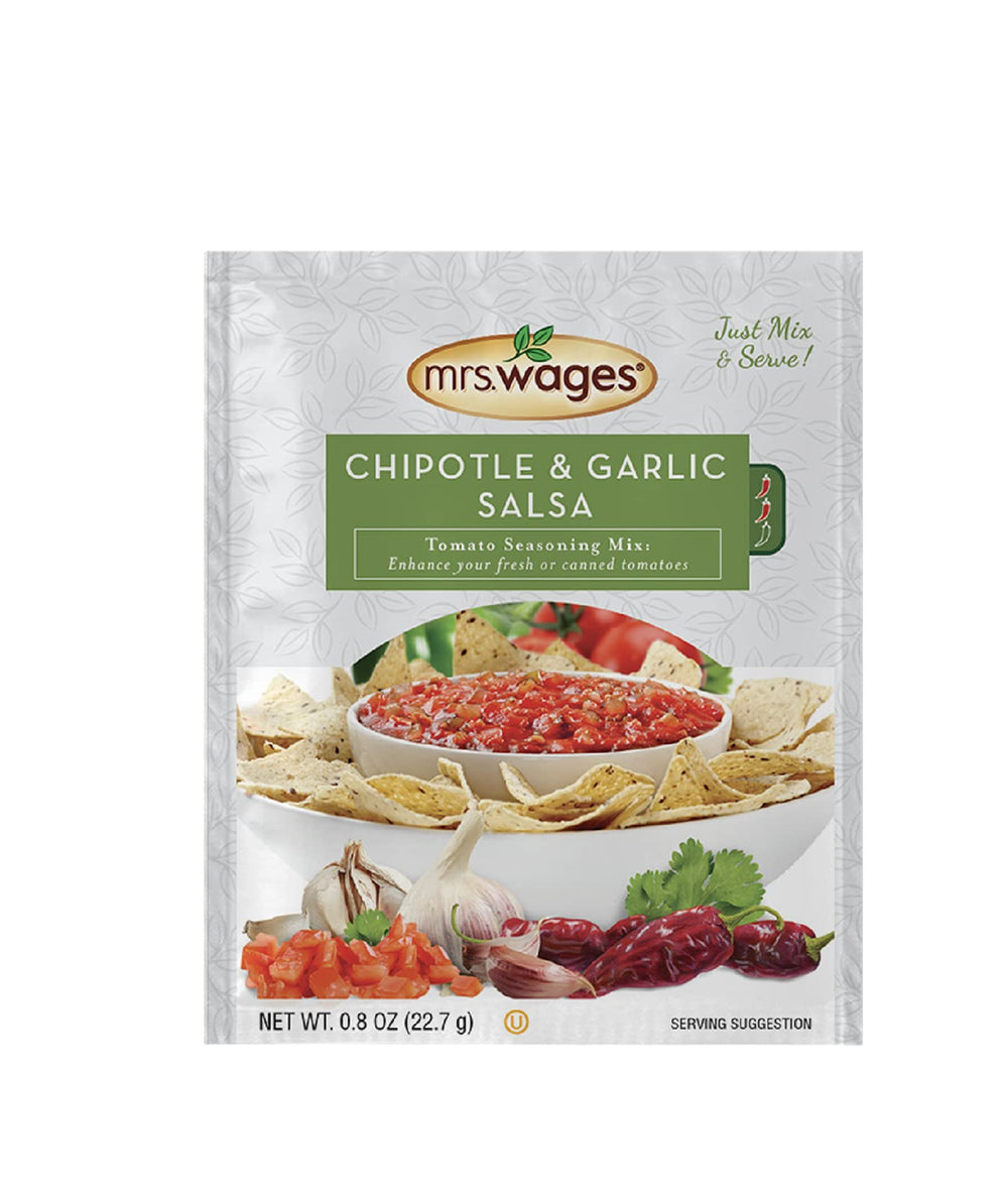 Mrs. Wages front package showing chipotle and garlic salsa mix for quick homemade salsa