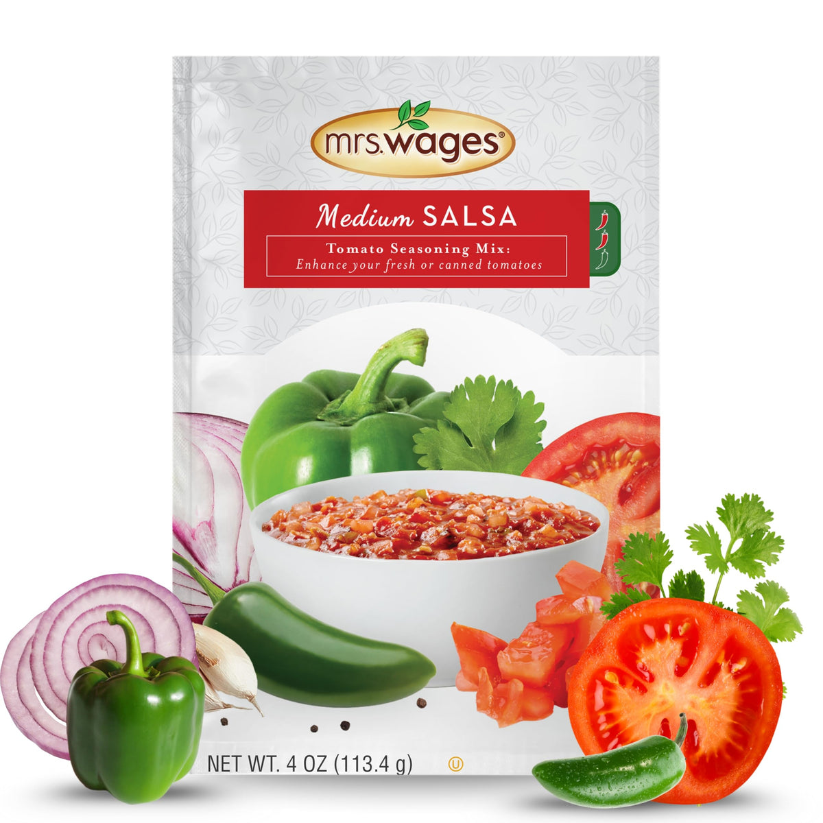 Mrs. Wages front packaging showing medium salsa mix and servings benefit