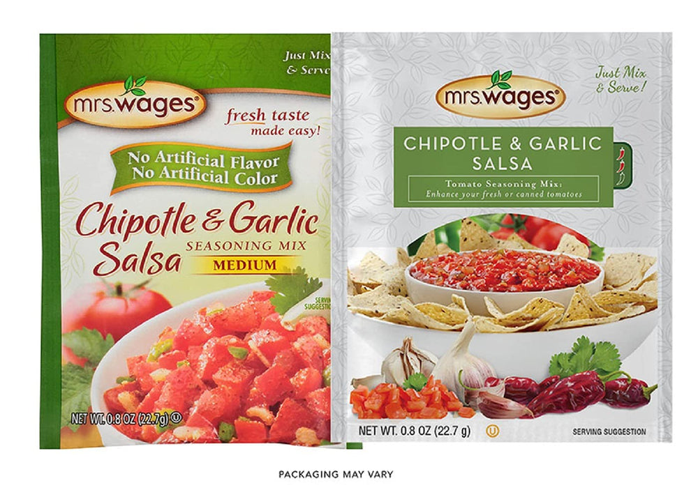 Bowl of prepared salsa using Mrs. Wages mix served with chips showing ready-to-eat convenience
