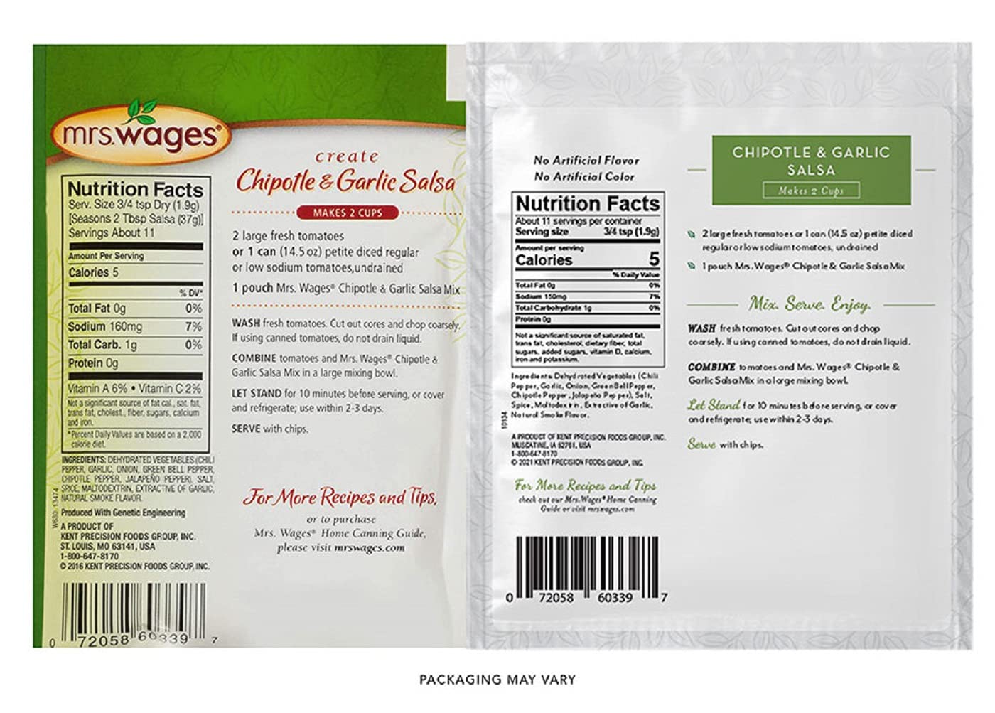 Hand holding a Mrs. Wages packet beside a measuring cup showing single-serving size