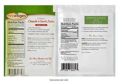 Hand holding a Mrs. Wages packet beside a measuring cup showing single-serving size