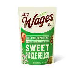 Mrs. Wages front packaging showing 12 individual relish packets and benefits
