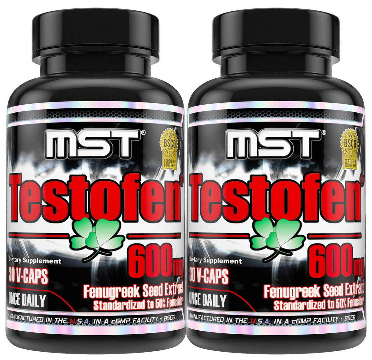 MST Testofen front packaging showing twin bottles and product benefit
