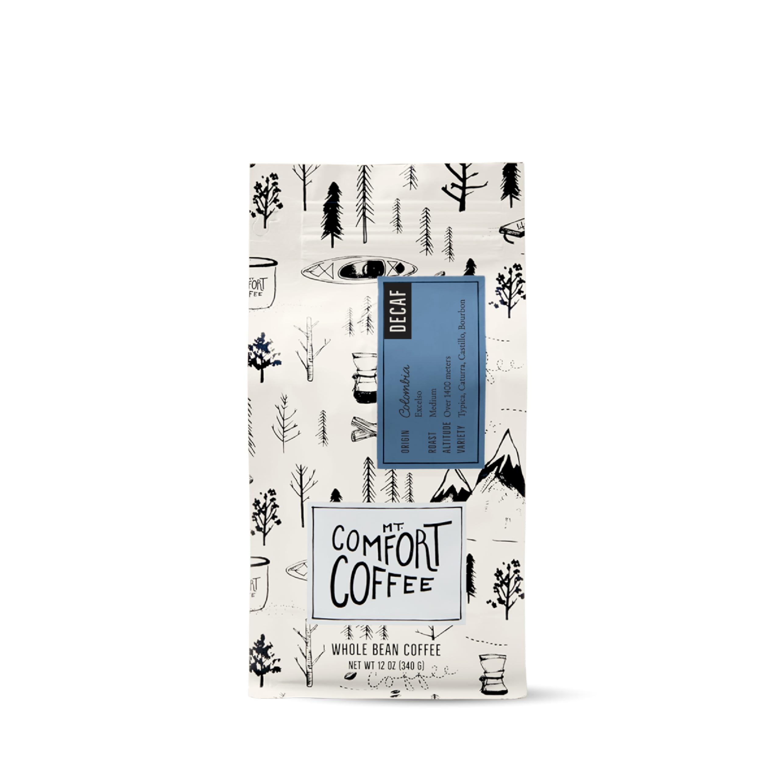 Mt. Comfort Coffee front packaging showing 12 oz bag and origin