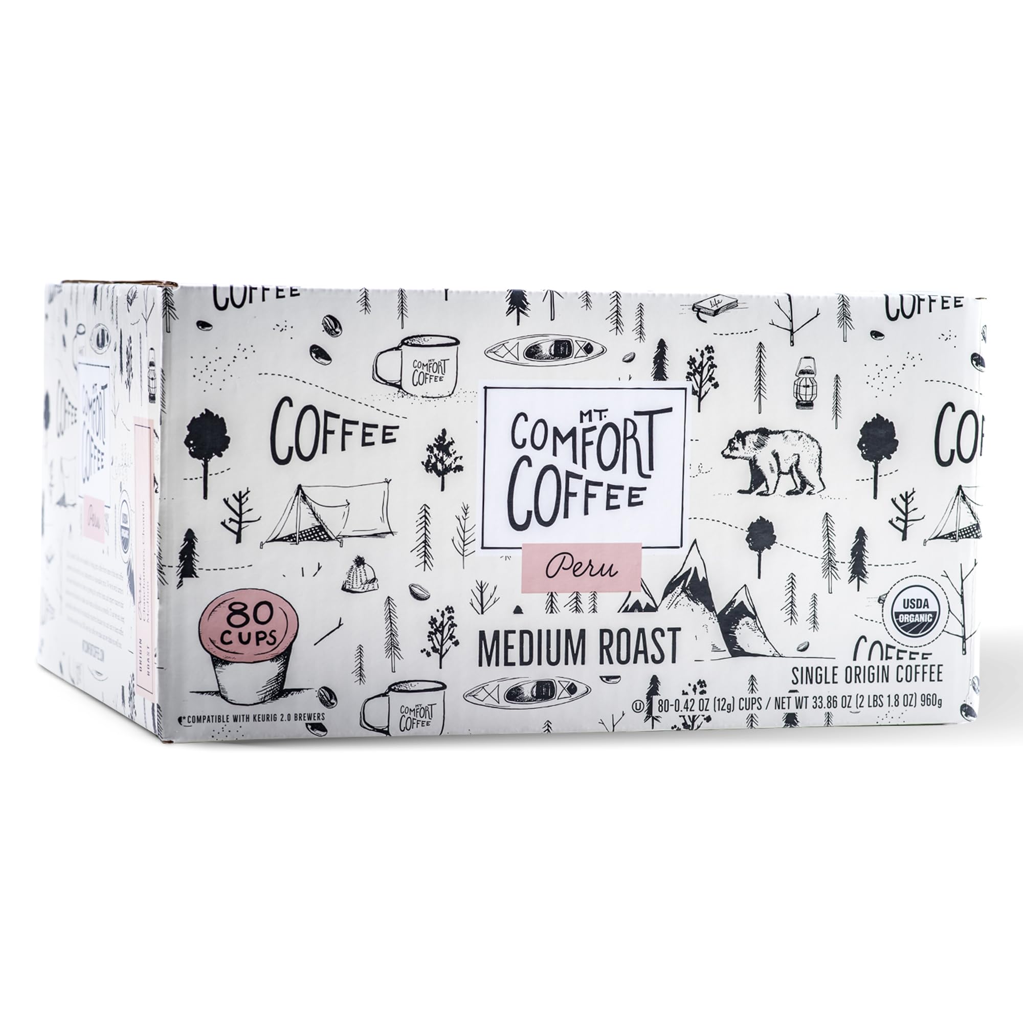Mt. Comfort Coffee front packaging showing organic Peru pods and benefit of freshness