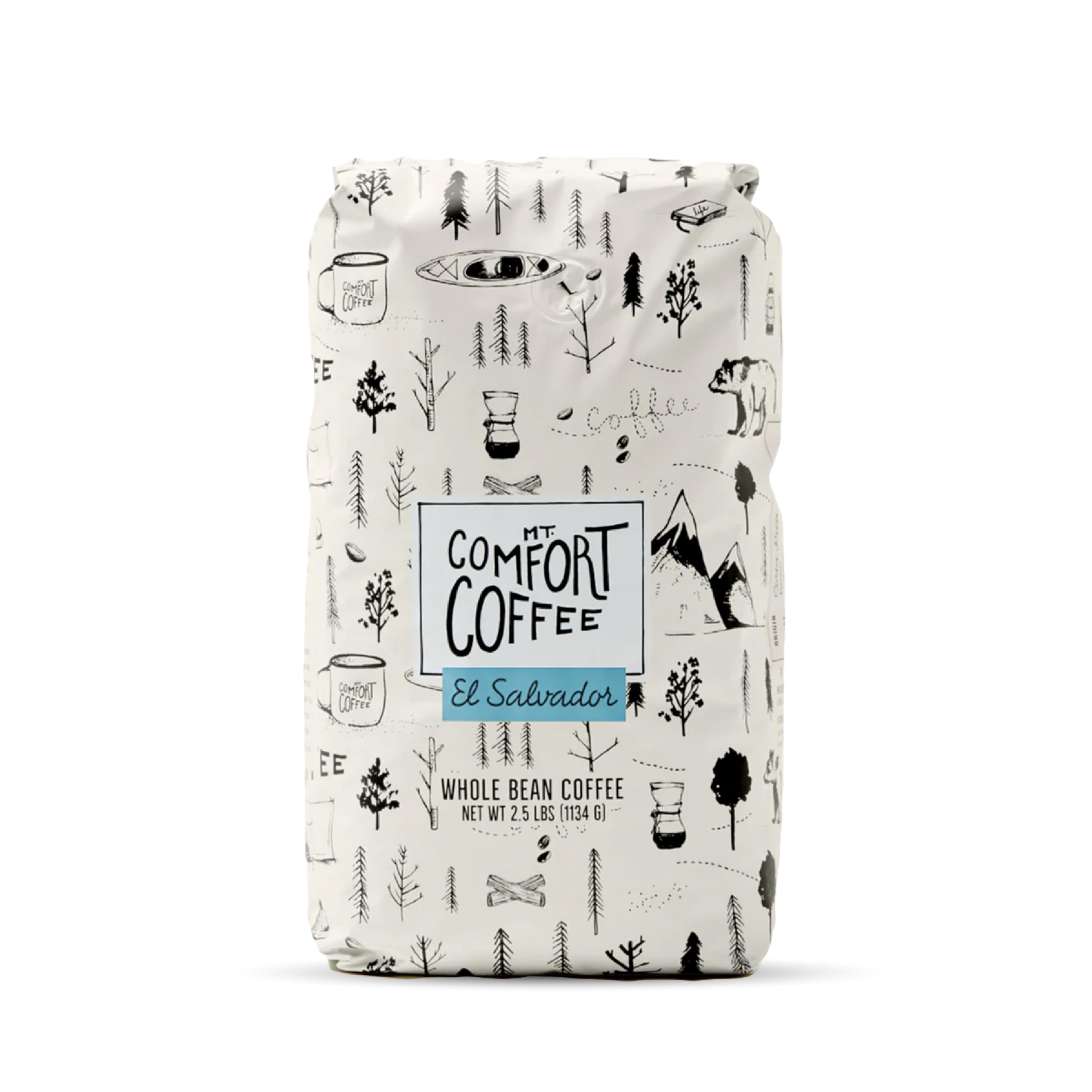 Mt. Comfort Coffee front packaging showing 2.5 lb bag and origin label, highlights freshness