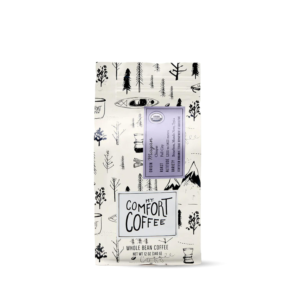 Mt. Comfort Coffee front packaging showing 12oz bag and organic badge for clear product info