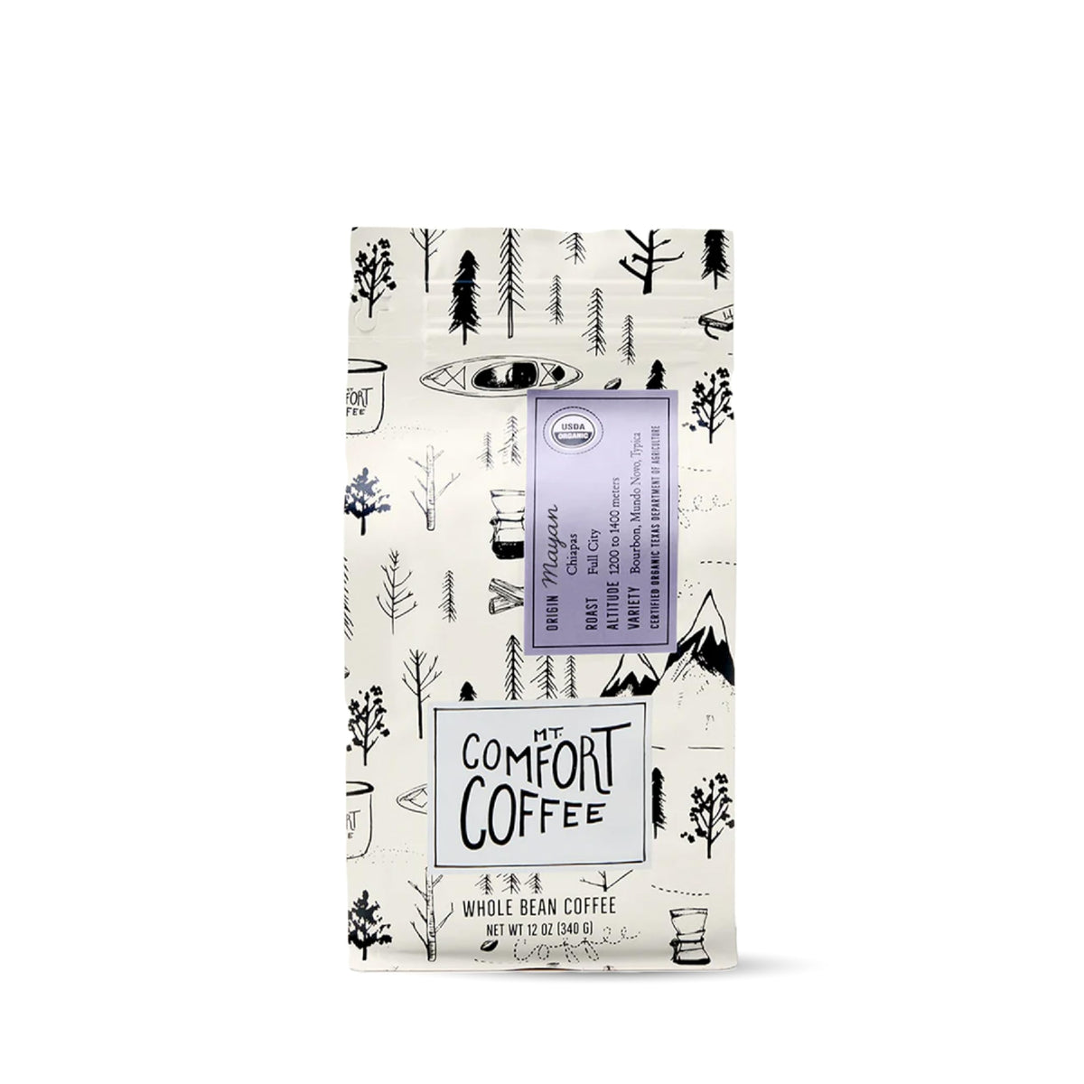 Mt. Comfort Coffee front packaging showing 12oz bag and organic badge for clear product info