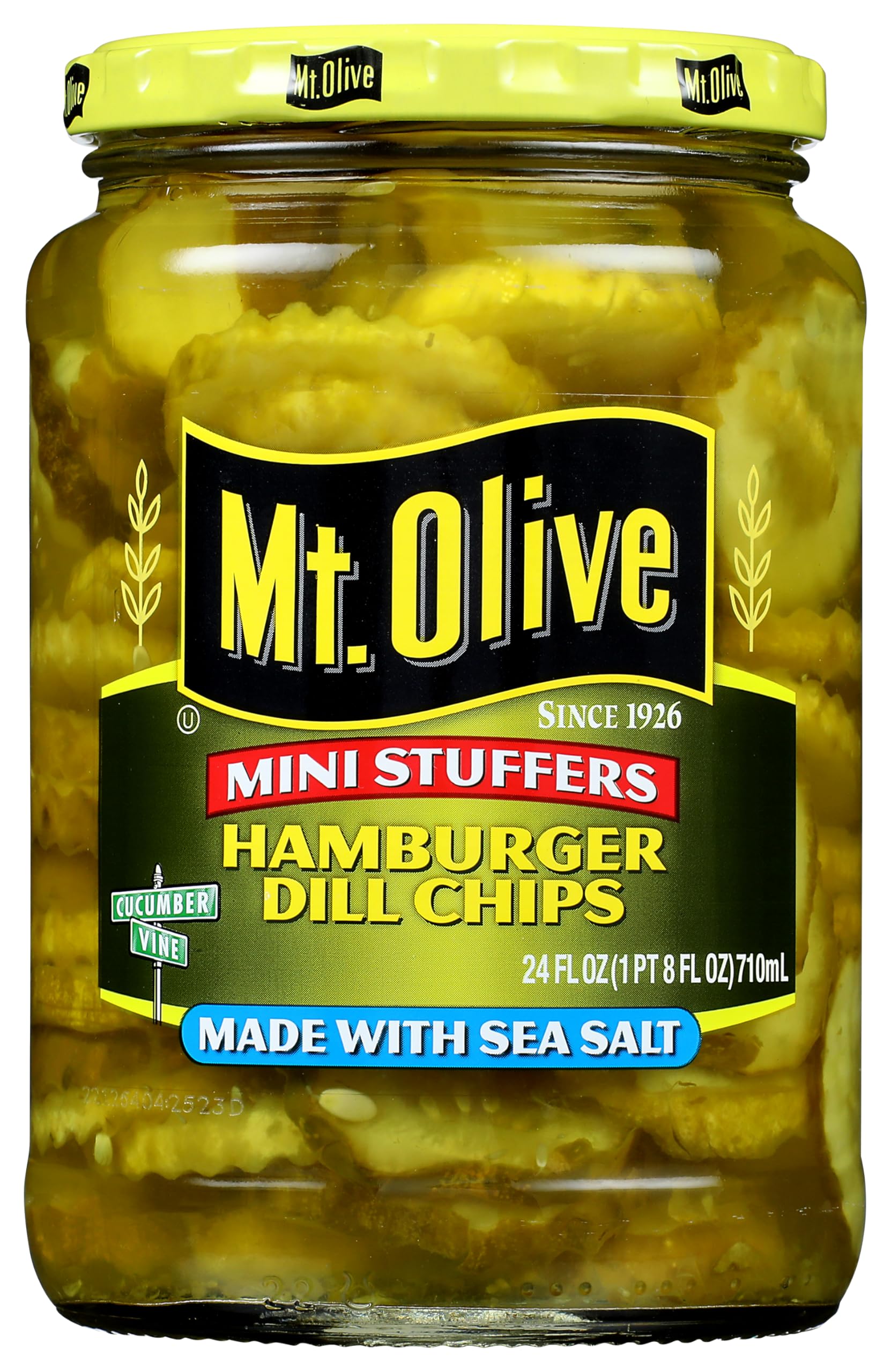 Mt. Olive front packaging showing mini dill chips and clear jar for quick topping