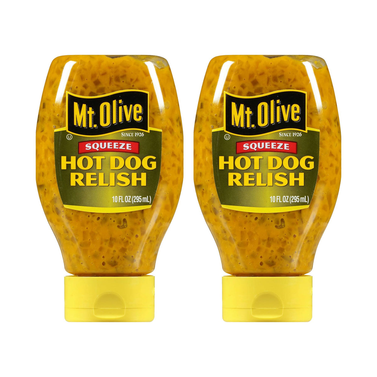 mt. olive front packaging showing two squeezable bottles and clear label for quick serving