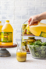 Mt. Olive label detail with kosher dill text highlighting authentic flavor