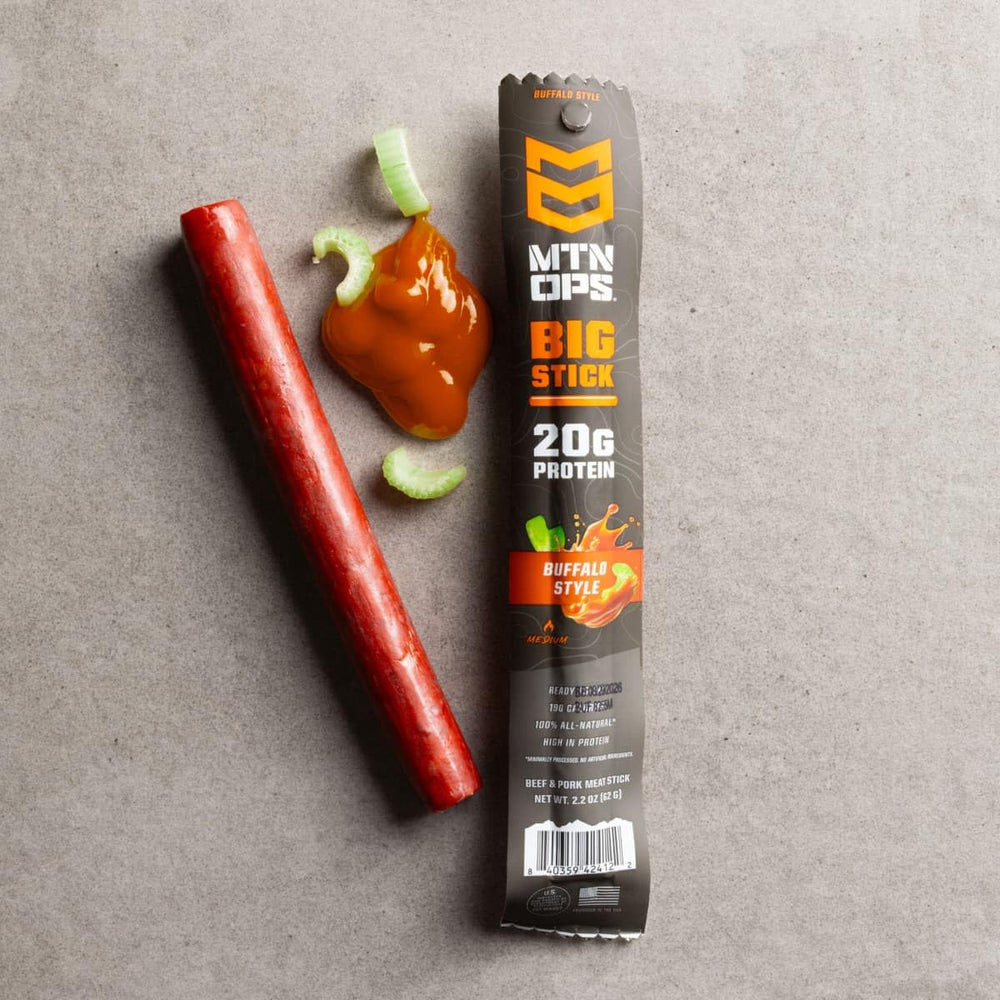 MTN OPS unwrapped beef stick displaying buffalo spice and portable fuel