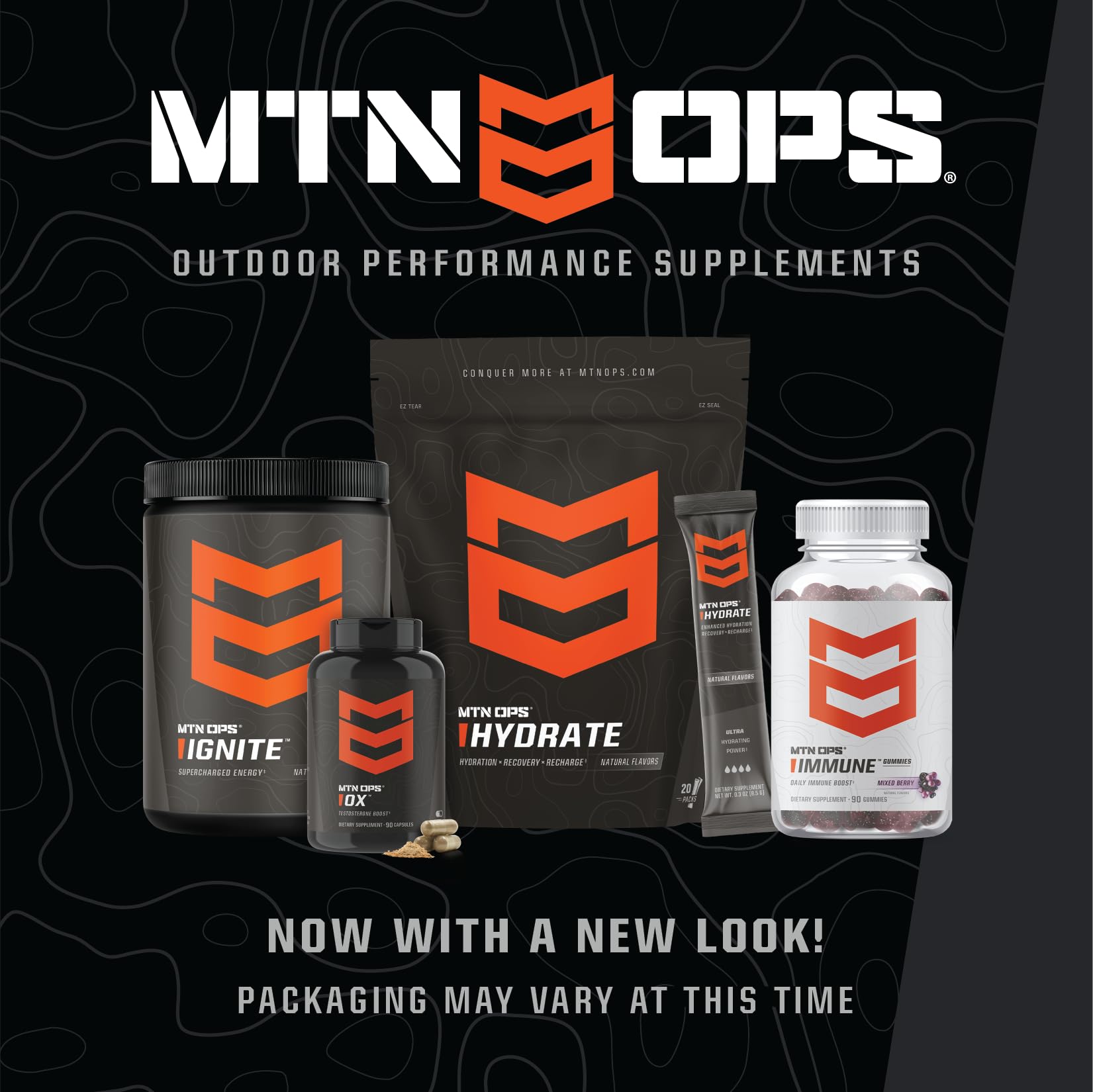 MTN OPS packaging flatlay with scoop and cup emphasizing travel-ready performance