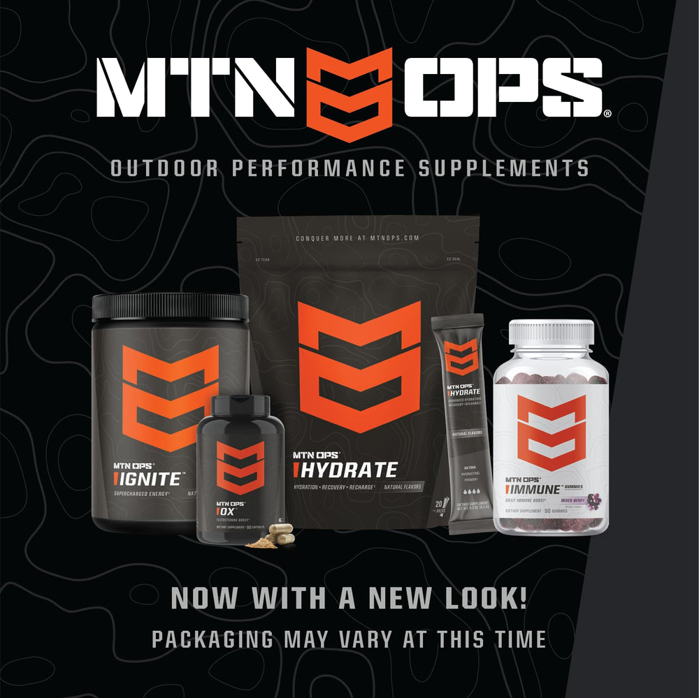 MTN OPS packaging flatlay with scoop and cup emphasizing travel-ready performance