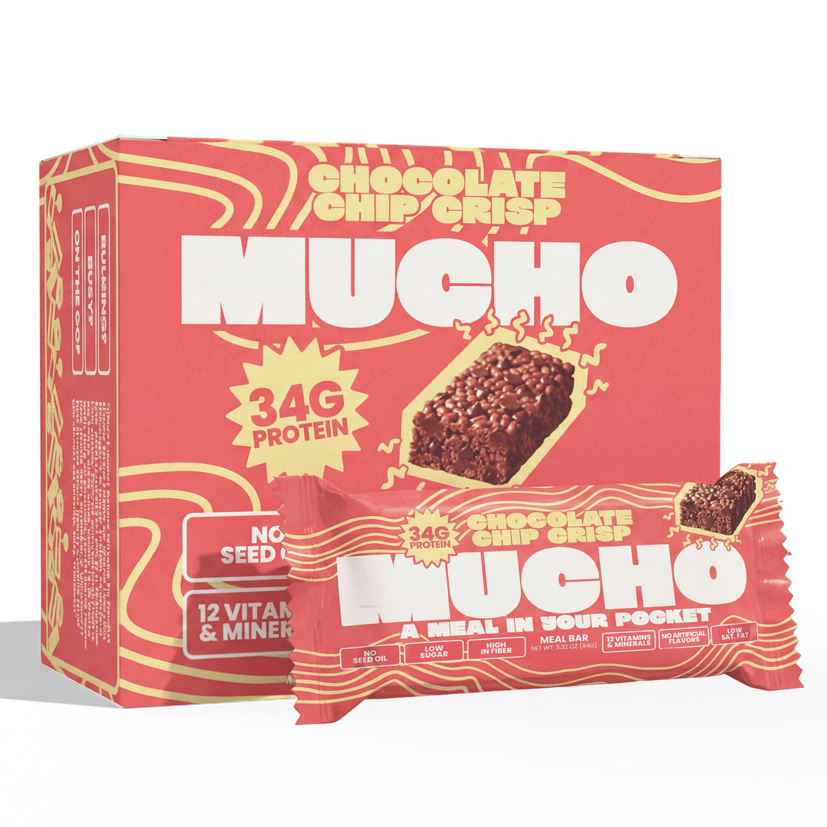 Mucho front packaging showing chocolate chip crisp flavor and convenience