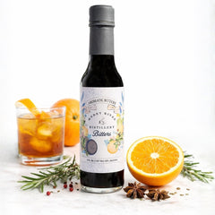 Muddy River Distillery front label showing premium bitters and craft branding benefit