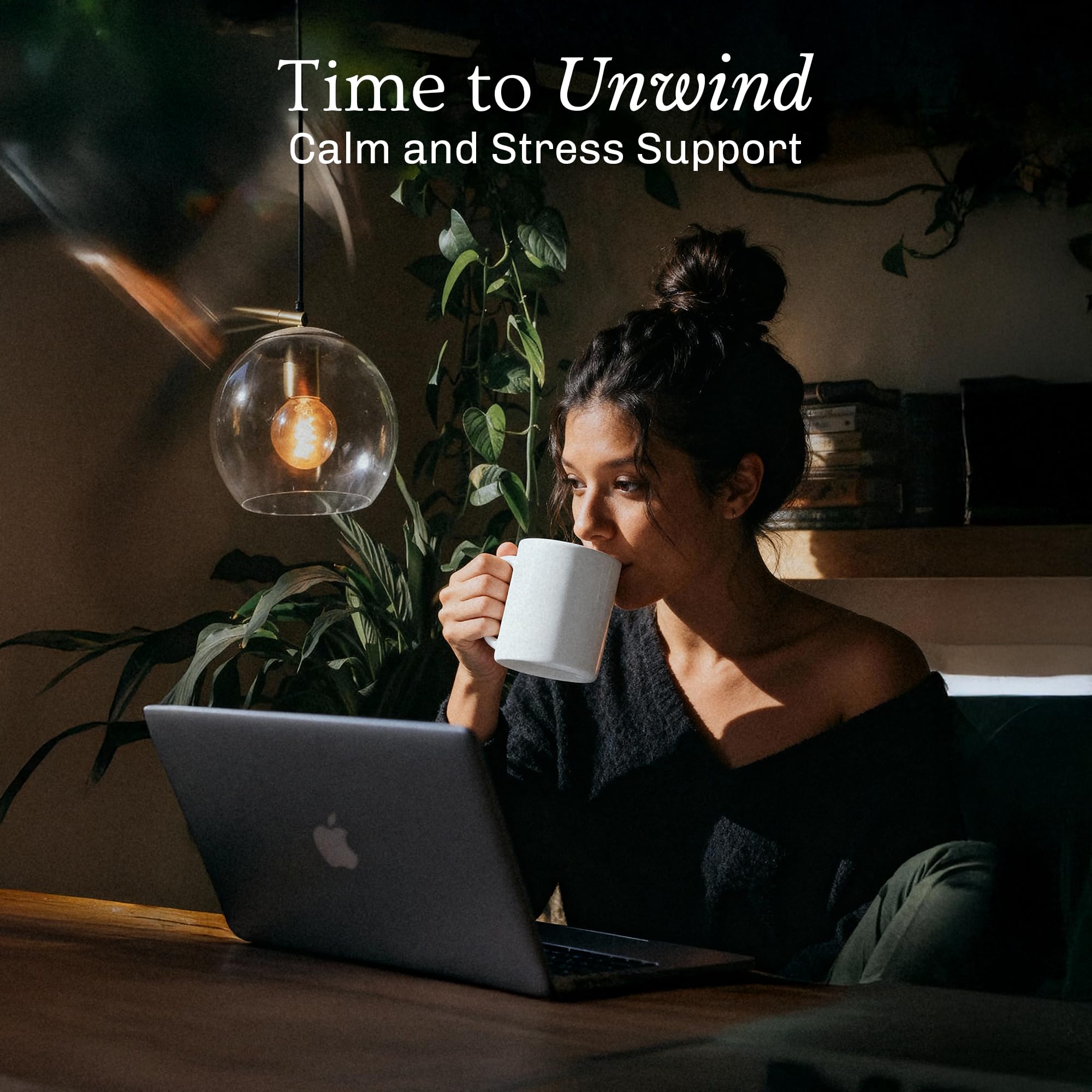 Cozy scene with MUDWTR hot cacao signaling relaxation and routine