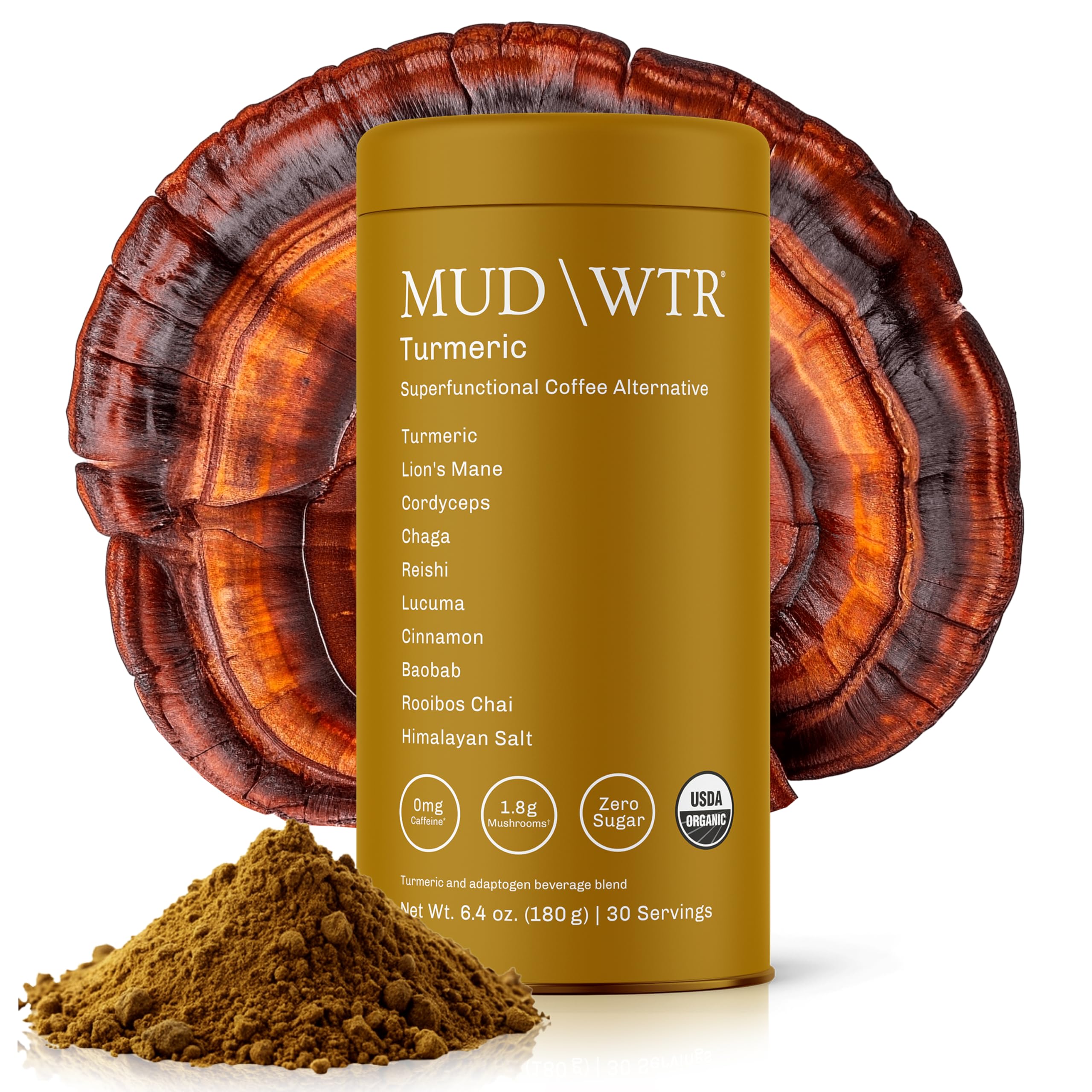 MUDWTR turmeric front packaging showing jar and serving info for easy choice