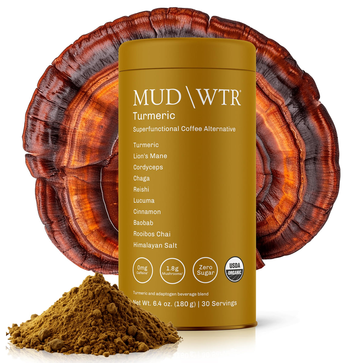 MUDWTR turmeric front packaging showing jar and serving info for easy choice
