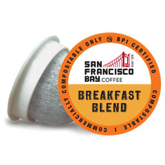 Mugs N Coffee SF Bay front packaging showing 72-count and eco benefits