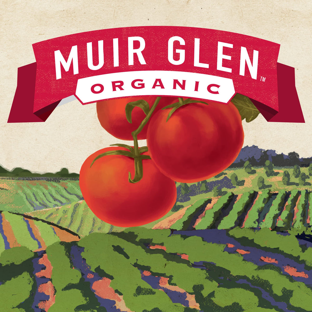 Muir Glen cans neatly stacked on pantry shelf showcasing long-term storage