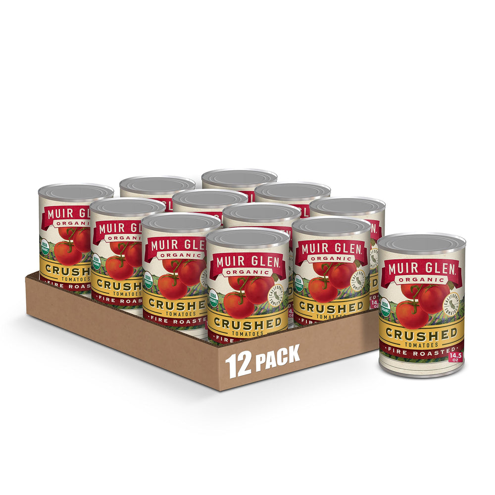 Muir Glen front packaging showing organic fire roasted tomatoes and benefits