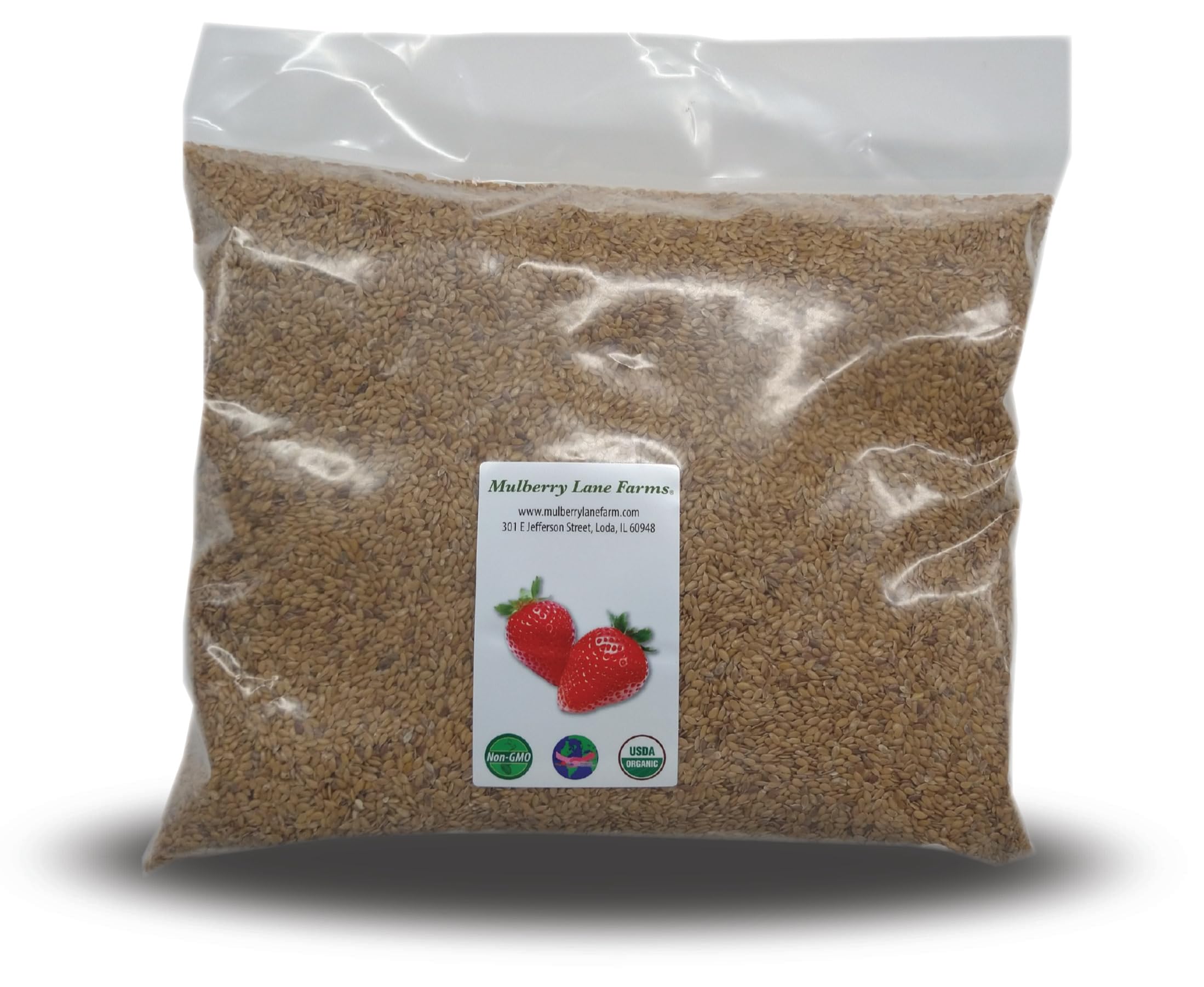Mulberry Lane Farms front packaging 5 lb bag showing organic golden flax seed and brand