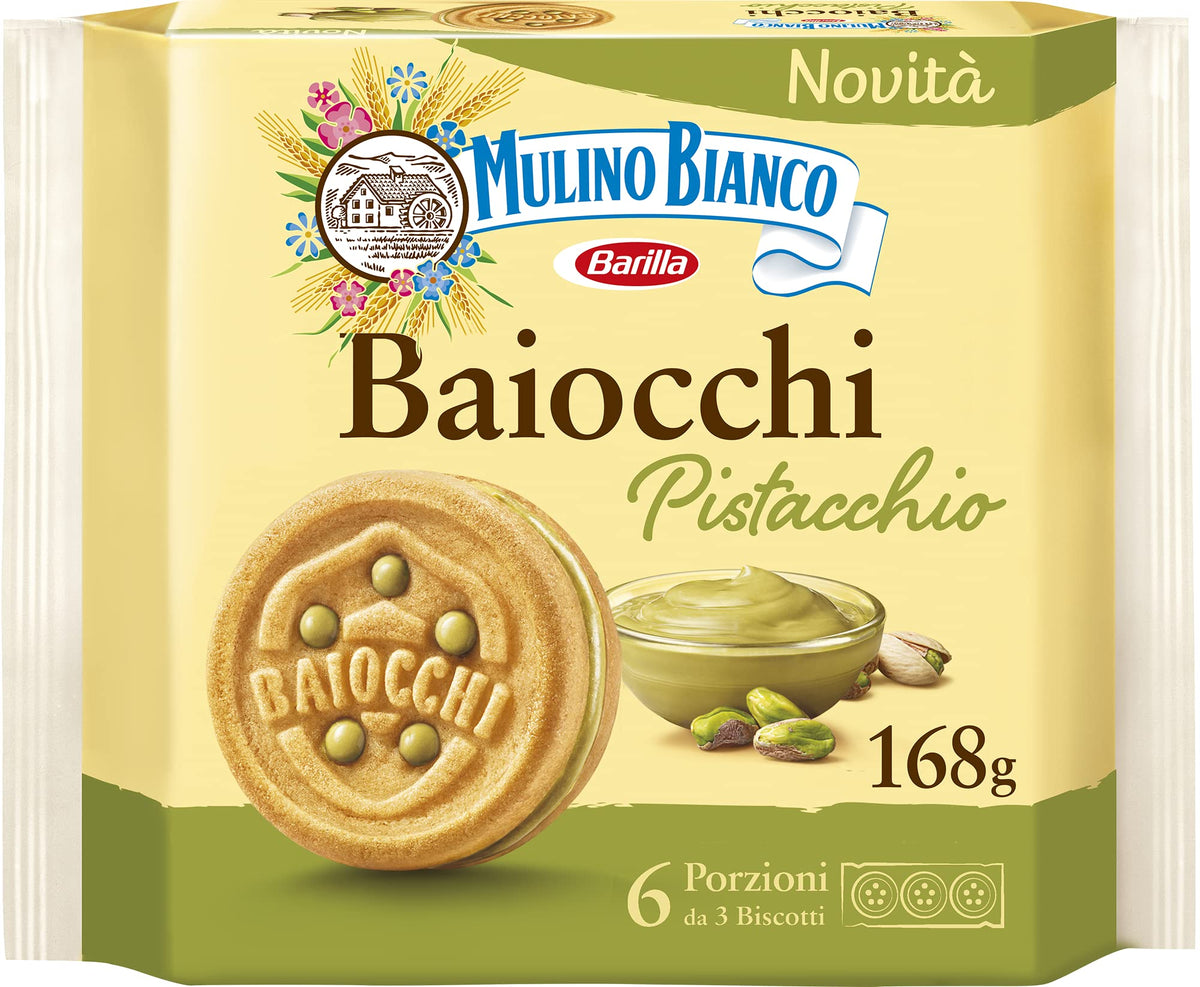 mulino bianco pack front showing pistachio Baiocchi and branding for easy recognition