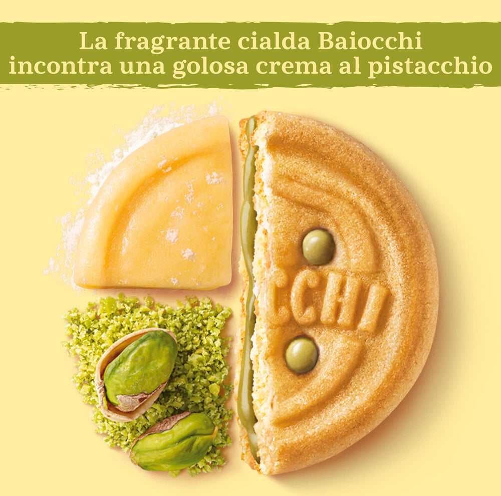 Mulino Bianco close-up of pistachio cream filling showing texture and rich flavor