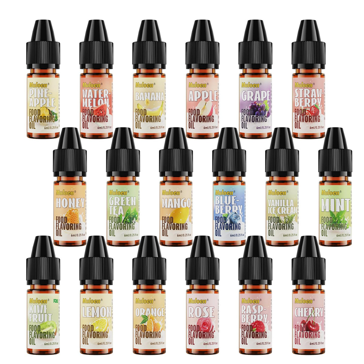 Muloen front packaging showing 18 flavors for versatile flavoring