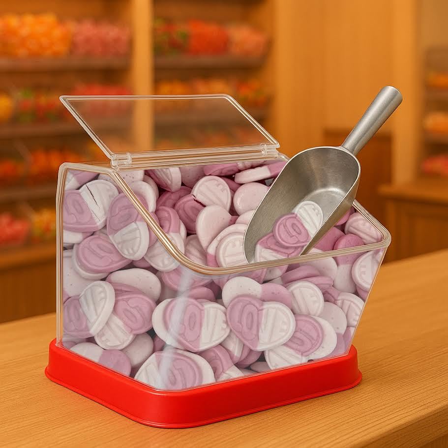Munchique close-up of heart gummies texture revealing strawberry and vanilla layers for soft chew