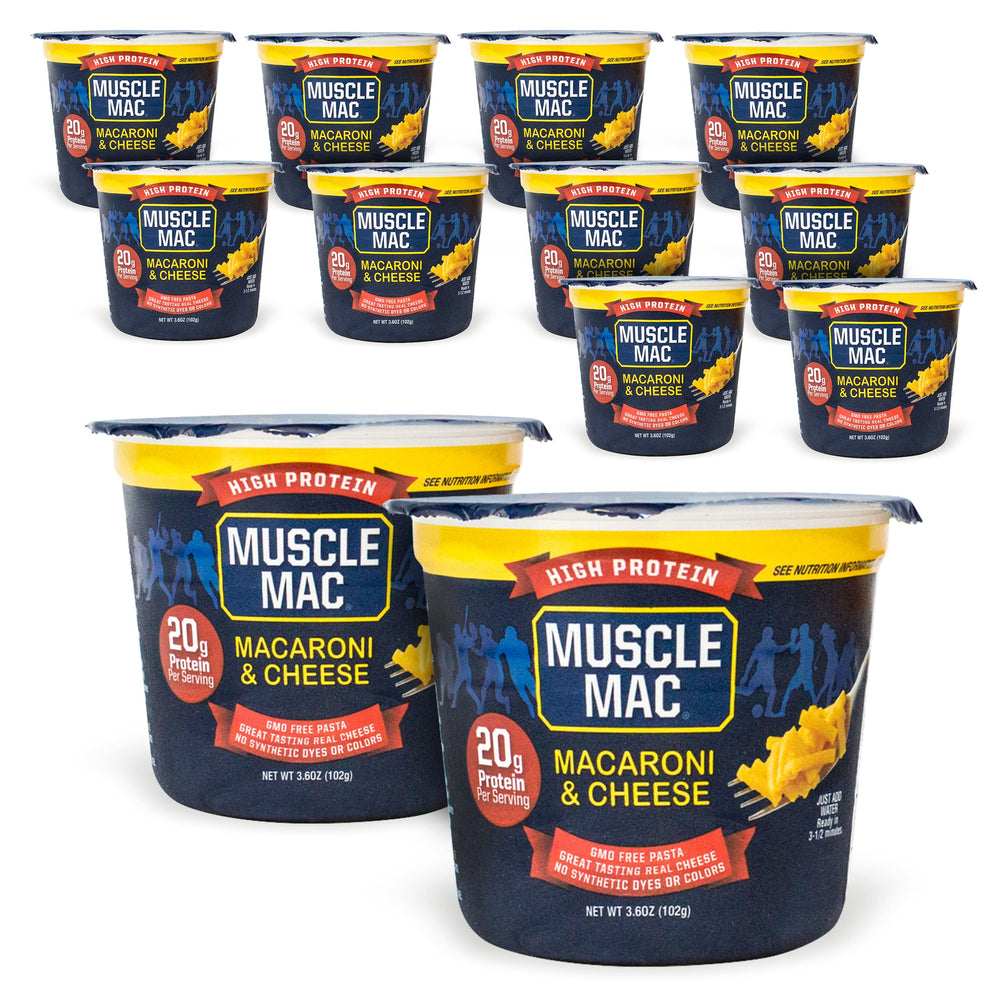 MUSCLE MAC front packaging showing 12-cup box and protein benefit