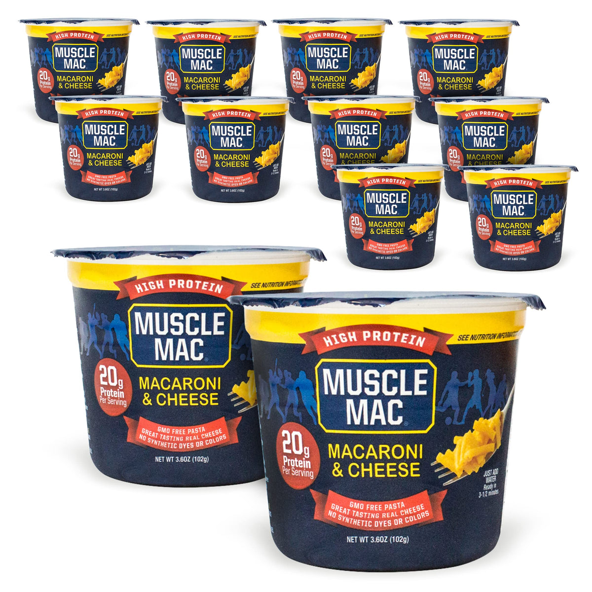 MUSCLE MAC front packaging showing 12-cup box and protein benefit