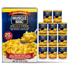 MUSCLE MAC front packaging showing protein claim and real cheese benefit