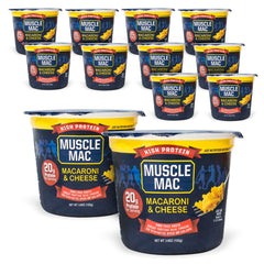 MUSCLE MAC front packaging showing 12-cup box and protein benefit