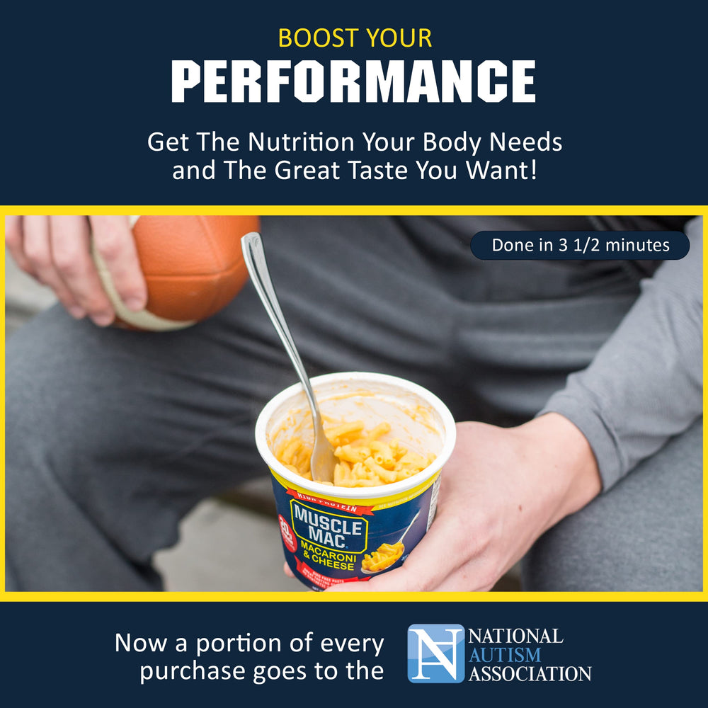 MUSCLE MAC ingredients label showing real cheese and non-GMO pasta details