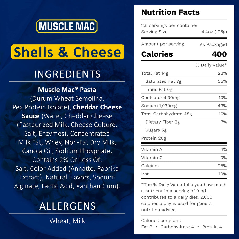 MUSCLE MAC twelve-box pack beside measuring cup showing pantry-ready quantity benefit